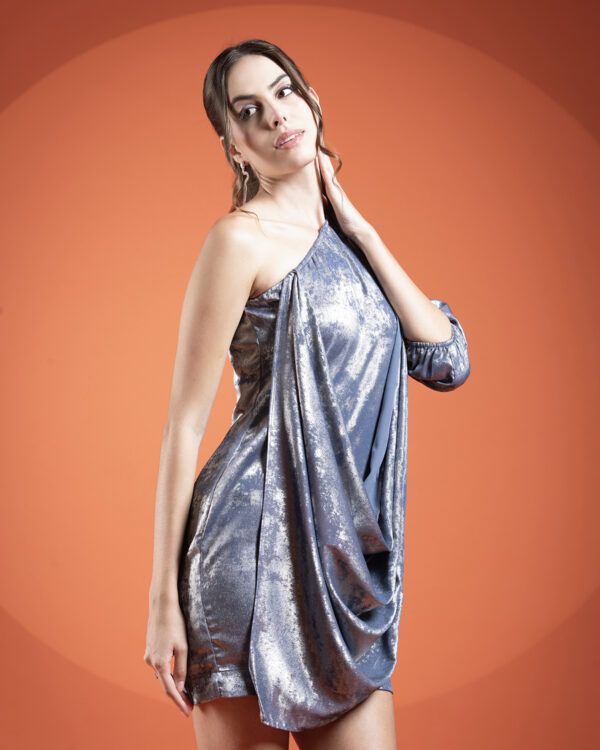 Grey One Shoulder Pleated Drape Dress - Image 6