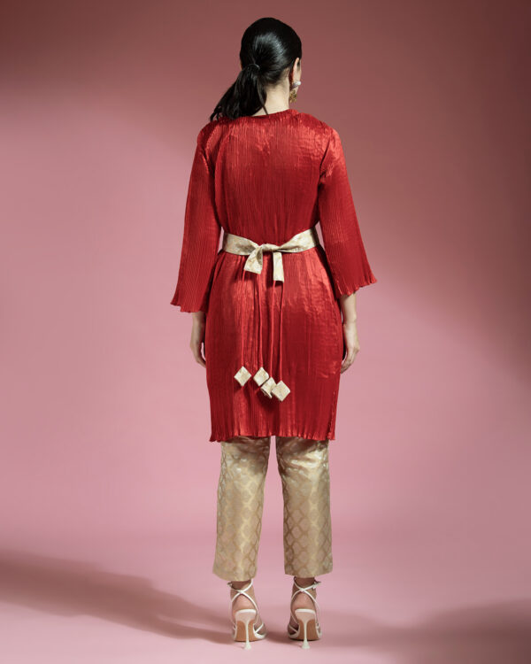 Red Wrinkle Shirt With Golden Brocade Pants With Golden Belt - Image 4