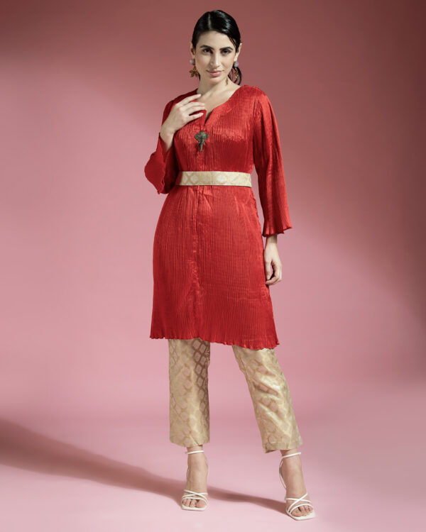 Red Wrinkle Shirt With Golden Brocade Pants With Golden Belt - Image 3