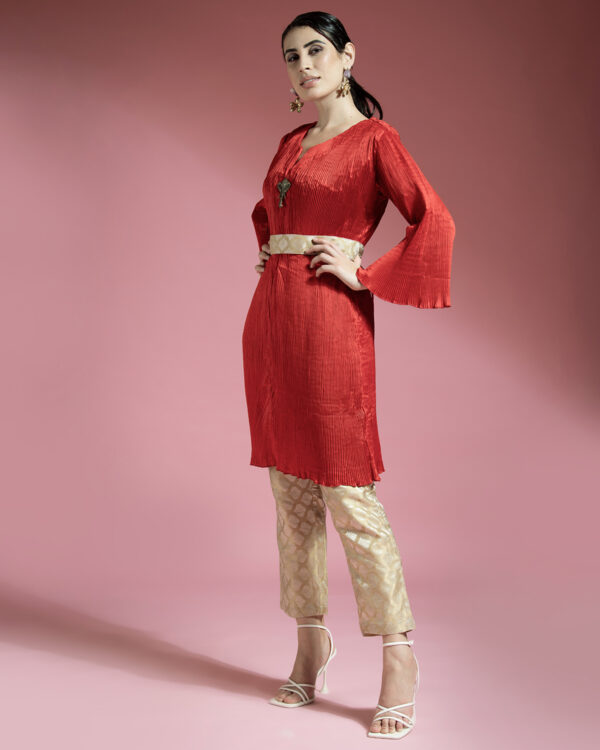 Red Wrinkle Shirt With Golden Brocade Pants With Golden Belt - Image 2