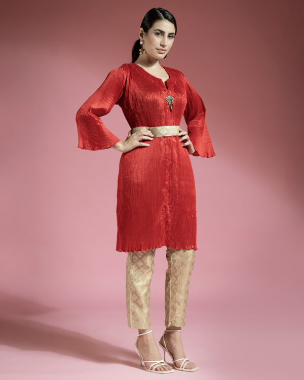 Red Wrinkle Shirt With Golden Brocade Pants With Golden Belt