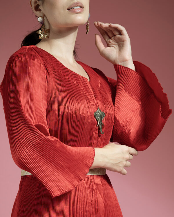 Red Wrinkle Shirt With Golden Brocade Pants With Golden Belt - Image 5