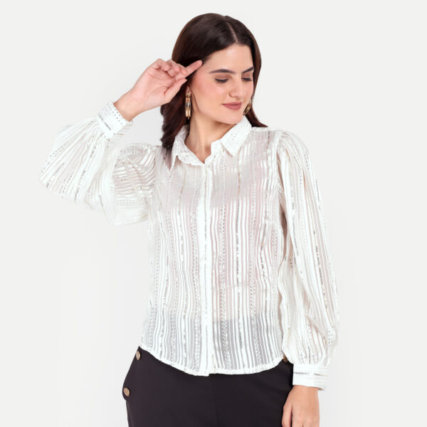 White Georgette Sequence Shirt - Image 3