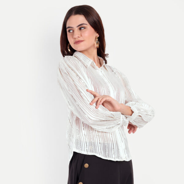 White Georgette Sequence Shirt - Image 4